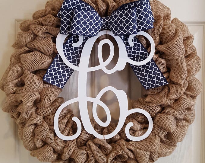 Burlap Monogram Wreath, Front Door Monogram, Navy Blue Wreath, Front Door Wreath, Everyday Wreath, Burlap Wreath, Front Door Burlap Decor