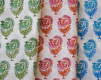 Beautiful Hand Printed Voile cotton Fabric, Block Printed Fabric, Indian Fabric By the Yard, Small Motifs on White- Green-Pink-Blue, Fabric