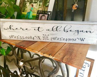 Where it all began sign, Coordinates Sign, Shiplap Sign, GPS Coordinates Sign, Five Year Anniversary Gift, Housewarming Gift