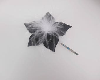 Bridal hair accessory: hair clip with black and white flowers satin silk and feather ostrich