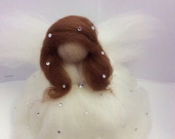 Beautiful white winter ice fairy with brown hair. Handcrafted using merino wool bridal fairy Waldorf angel white gemmed dress with brown hai