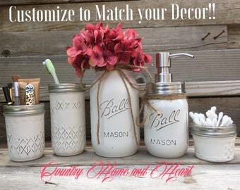 Country Bathroom Decor-Mason Jar Bathroom Set-Rustic Bathroom Decor-Country Chic Bathroom Decor-Beach Bathroom Decor-Housewarming-Rustic