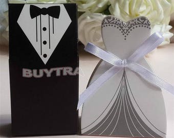 100Pcs Bridal Gift Cases Groom Tuxedo Dress Gown Ribbon Wedding Favors Candy Box Sugar Case Wedding Decoration mariage casamento