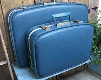 RESERVED UNTIL AUG 17th - Vintage Suitcase Set - Blue Suitcase - Vintage Luggage - Vintage Suitcases - Wedding Decor - Travel Case