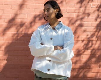 Vintage White Railroad Stripe Boxy Jean Jacket | Long Sleeve Button Down Denim Barn Coat | L | Large | 1980s | 80s
