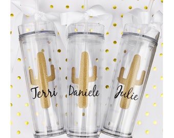 10 Custom skinny tumblers, bridal set, personalized cups, bridal shower gift, wedding, wedding favors, bridesmaids gift, cactus, cactus cup
