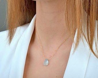 Raw Aquamarine necklace, Rustic March Birthstone, Raw Crystal Necklace, Rough Blue Gemstone Necklace: 14K Rose Gold Filled, Sterling Silver