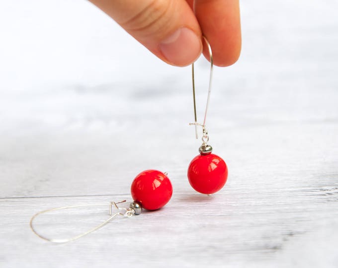 Red earrings for prom, Red ball earrings, Red dangle earrings, Red earrings long, Red earrings dangle