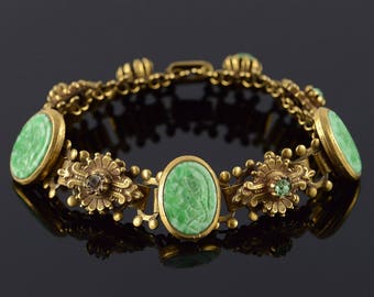 1960's Green Carved Soldier Fancy LinBracelet Gold Plated 7"