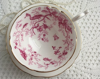 Coalport China Tea Cup and Saucer, Cairo, Pink with Exotic Bird Detail, Gold Trim