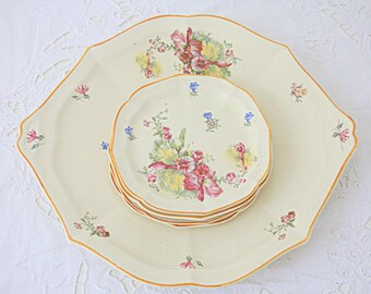 Vintage Société Céramique Cake Set, Cake Plate, Four Pastry Plates, Flower Decor, Holland