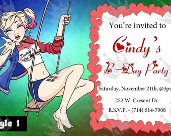 Harley Quinn CUSTOM Digital Printable Birthday Party Invite Template 4 Boy/Girl 3 styles to pick from