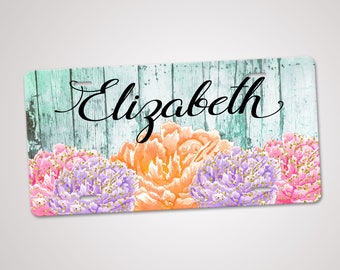Monogram Flower Wood Pattern License Plate Frame – Personalized Car Tag – Gray – Unbranded