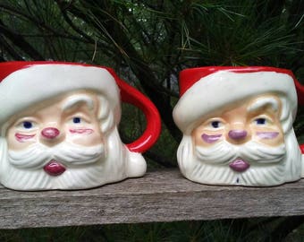 2 Vintage Santa head mugs Christmas cups 1950's holiday decor ceramic hand painted mid century Kitchmas decorations