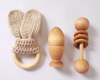 Montessori Baby Toys, Gender Neutral Baby Gift Set, Baby Teething Toy, Wooden Rattle, Wooden Baby Toys, Toys for 1 Year Old, New Baby Gift