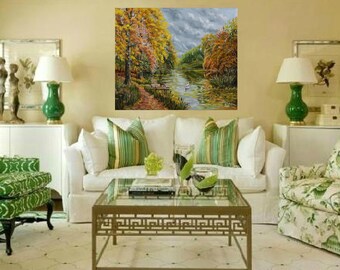 Country landscape print canvas painting Nature print art Fine art print of painting Forest print Rustic wall decor girls room Cat lover gift