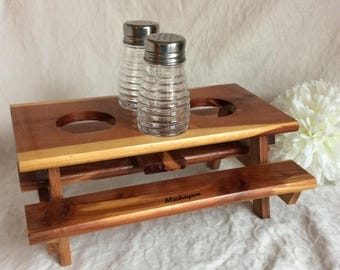 Fall Sale 1970's Vintage cedar wood picnic table condiment centre. Hand made item in Michigan.