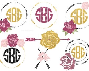 Flower Frame SVG, Floral Arrow Monogram SVG File, Arrow Circle, Tribal Arrow SVG, Boho Wreath, Cut Files, Bundle, Cricut, Silhouette
