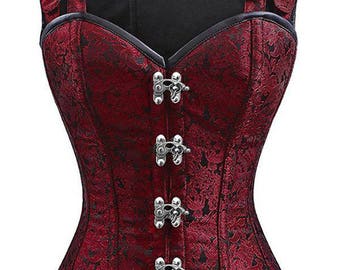 Red Brocade Steampunk Corset,vest,silver,luggageclasps,buckles,goth,festival,cosplay,black,cool,gift,teengirl,fantasy,qualitymaterial,pretty