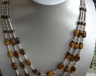 Three Strand Tiger Eye Necklace and Earring Set