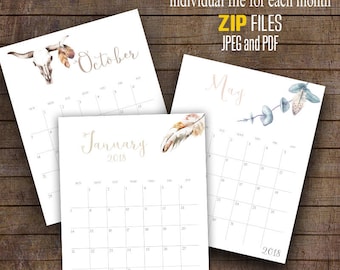 2017 and 2018 Wall Calendar, Watercolor Boho, Printable Monthly Calendar, 8” x 10” Each month C103