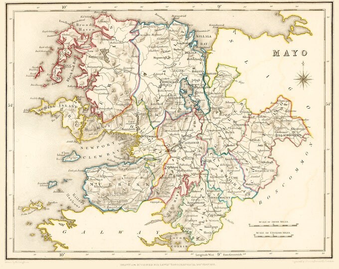 Irish Map - County Mayo Ireland - Antique Map 1837 - Free International Shipping