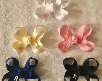 Set of 3 or 5 Extra Small Monogrammed Hair Bows…Personalized 2 inch Baby Bows with Initial…Newborn Tiny Hairbows...You Choose Colors!!