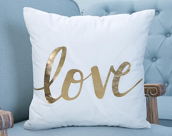 Gold and White Love Print 18x18 Cushion Cover