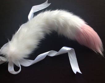 Stunning 24 inch White & Pink Tip Kitten Play Faux Fur Tail