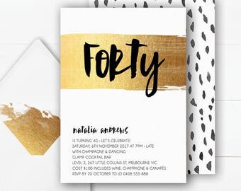 40th Birthday Invitation | 40th Party | Forty and Fabulous Invite| Black and Gold Invitation | Fortieth Birthday Invitation