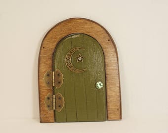 Fairy Door, Olive Green with Sun, Moon, and Star