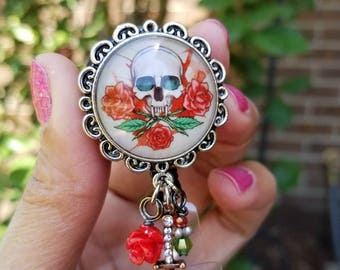Phlebotomist vampire retractable id badge clip with reel! Dagger, rose, swarvoski crystal gems. Gothic vampire skull card holder jewelry
