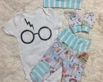 Unisex Harry Doodle onesie set - Baby boy newborn going home set -potter baby outfit- baby boy newborn set - baby boy girl outfit set -
