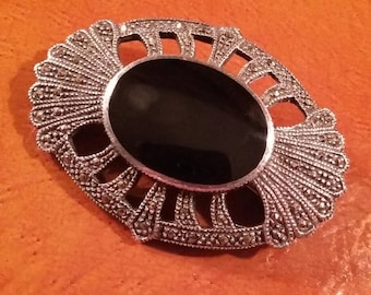sterling silver/ marcasite /and black onyx/ pendant /brooch