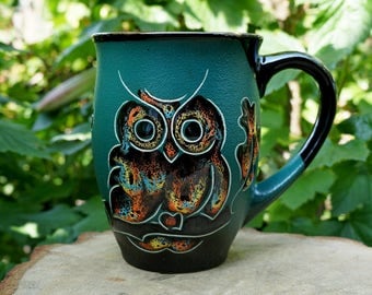 Large coffee mug Ceramic mug Owl Gift for father Coffee cup Brother gift Mom gift Husband gift Daughter gift Green Owls mug Office gift