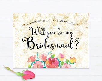 Will You Be My Bridesmaid Printable card with Watercolor Roses 2, Floral Bridal party ask invite Digital Design, DIY wedding shower download