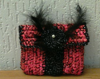 Wallet, chic zipper pouch, Belt pouch, bag mottled red/black/lurex silver, made of plastic bags