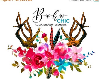 45% off 2 days Watercolor Boho Clipart Pink Blue Flowers Deer Scull Horns Antlers Arrows Clipart Floral Elements Bouquets Sprays DIY Wedding