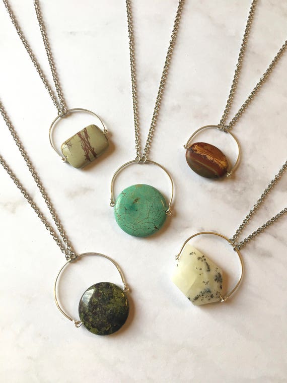 Circle Pendant Necklace with Natural Stone Pendant Sterling