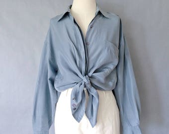 vintage silk blouse/ minimalist silk top/ silk shirt/ 80s silk top/ blue women's size S/M