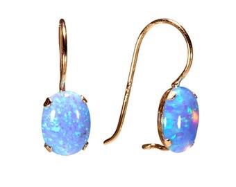 14K Yellow Gold Blue Opal Earrings - 14K Gold Earrings - Gold Drop Earrings - Opal Earrings - 14K Yellow Gold Earrings - Beautiful Oval