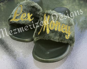 Olive green fur slides customized