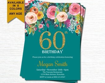 60th Birthday Invitations for Women. Surprise 60th Birthday Invitations. Cheers To 60 Years. Floral Birthday Invitation. Gold Glitter. A15