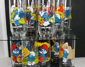 VINTAGE SMURF GLASSES Set 12 Minty 1980s Cartoon Drinking Glasses Retro Barware Tumblers 10 Characters Shiny Like New Gift Idea