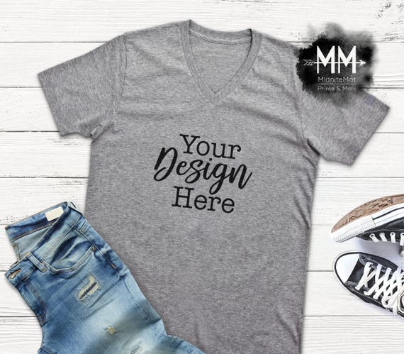 Download V-Neck T-Shirt Mockup Gray Short Sleeve Shirt Display