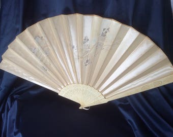 Vintage Japanese Silk Hand Fan with Carved Ivory Ribs