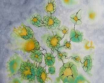 Art abstrait contemporain - Encres sur papier "Envolées 2" -oeurvre originale - Encre vert/bleu