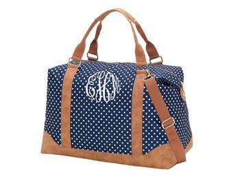 Monogram Navy Dot Weekender Bag - Duffel Bag - Ladies Tote - Navy Tan Tote - Monogram Tote Bag Large Tote