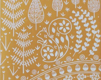 Edward Squirrel in ochre, limited edition Scandinavian Folk Art linocut print