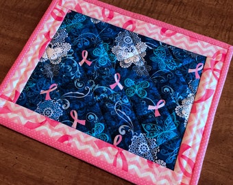 quilted mug rug, Breast cancer awareness, mug mat, candle mat, fabric trivet, Item #241